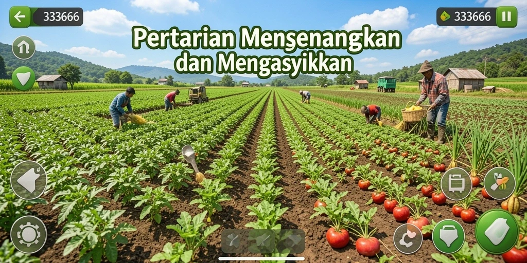 Screenshot menunjukkan pertanian yang indah dengan berbagai tanaman dan hewan.
