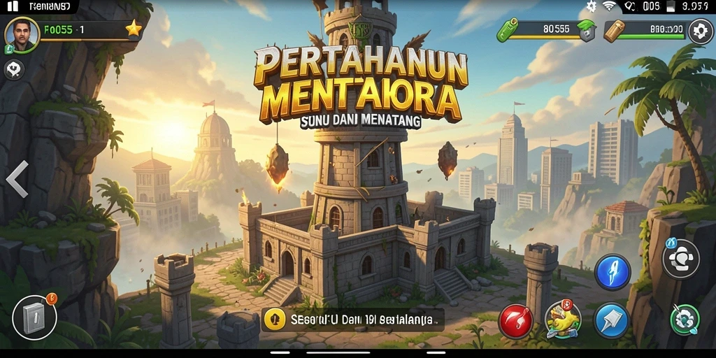 Screenshot gameplay 8055 menampilkan menara yang beraksi melawan gelombang musuh.
