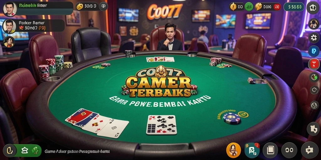 Screenshot utama COO77 menunjukkan pemain Poker yang bersaing di meja.