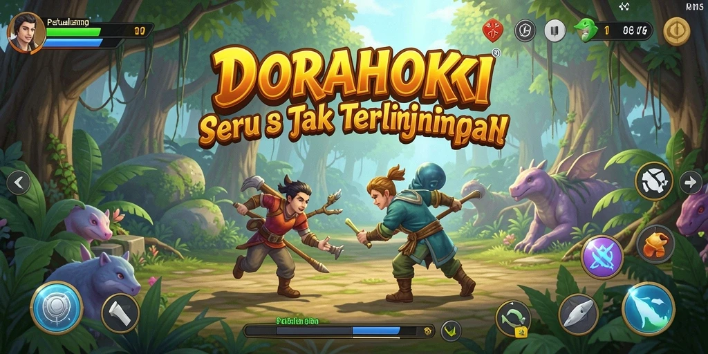 Tampilan gameplay DORAHOKI yang menampilkan karakter menjelajahi dunia petualangan.