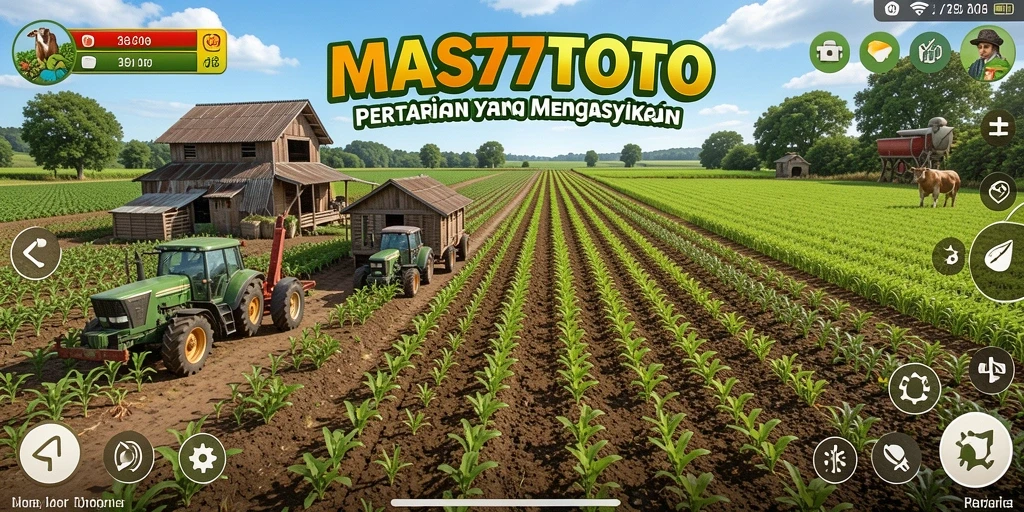 Screenshot dari gameplay pertanian di MAS77TOTO, menunjukkan ladang yang subur.
