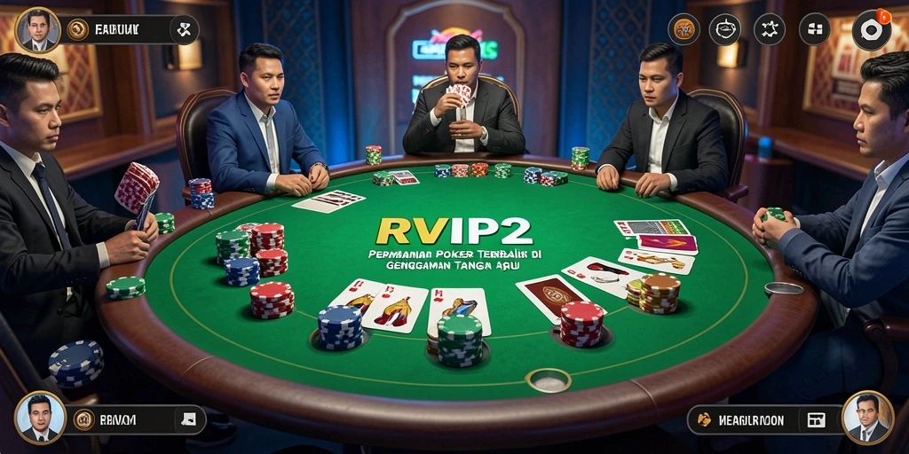 Tangkapan layar gameplay <strong>RVIP2</strong> menunjukkan pemain poker yang serius bersaing.